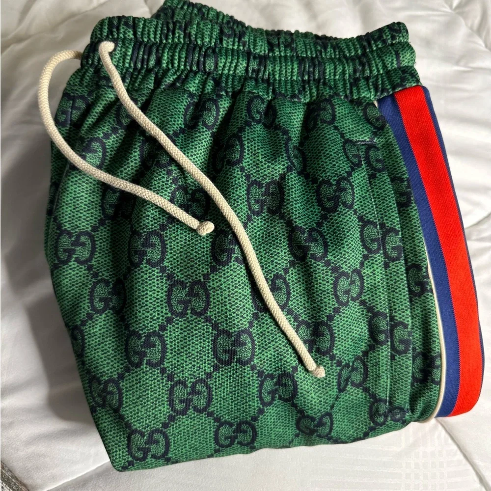 GUCCI - Webbing-Trimmed Monogrammed Tech-Jersey Track Pants - Green 2X - Picture 10 of 13